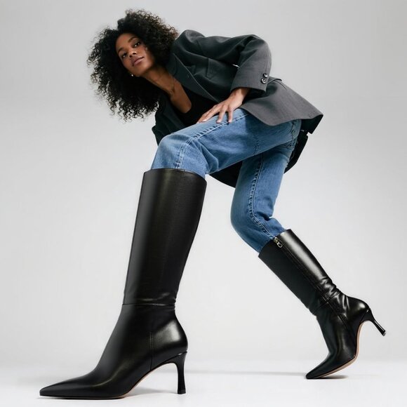 MIRAAZZURRA Women Black Knee High Boots Pointed Toe Kitten with Side Zipper - Picture 2 of 9